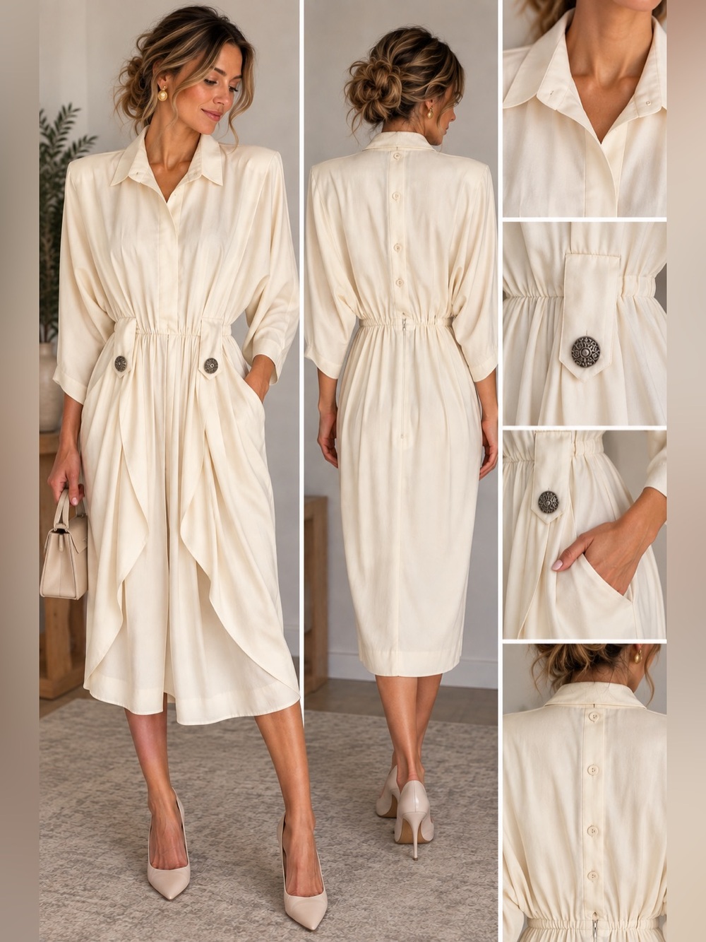 Vintage 80s Rabbit Rabbit Rabbit Designs Ivory Rayon Draped Batwing Dress 6
